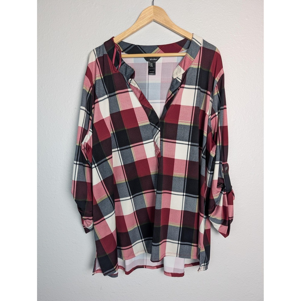 Ali Miles Shirt Womens 3X Red Black Plaid‎ V Neck Roll Tab Sleeve Tunic Top